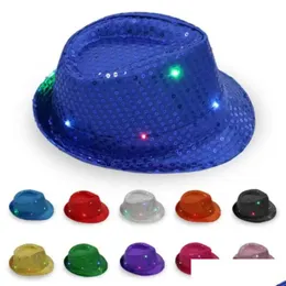 Party Hats Led Jazz Hats Flashing Light Up Fedora Trilby Sequins Caps Fancy Dress Dance Party Uni Hip Hop Lamp Luminous Hat Fy3870 Dro Otyjk