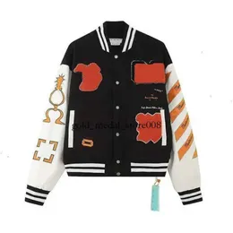 Off White Autumn Winter Brand Jacket New Coat Male and Female Lovers Ow Heavy Industry Embroidered Wool Spliced Leather Sleeve 68