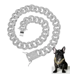 Colares de pingente CZ Rhinestone Dog Chain Collar e Trela Super Forte Metal Choke Prata Ouro Pet Chumbo Corda para Party Show8085335