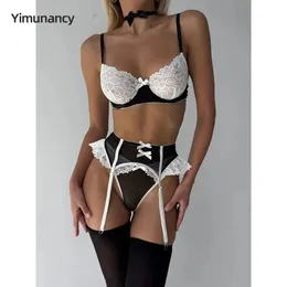 Yimunancy arco gargantilha empregada renda retalhos lingerie conjunto feminino 5 peças ruched bola breve liga kit 231226