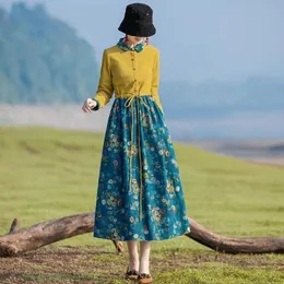 Ethnic style cotton and linen dress spring and autumn 2023 printed women's clothing showing slimming temperament bottom skirt long skirt for children 210531