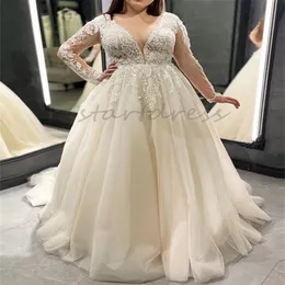 Bajkowa suknia ślubna o długim rękawie w rozmiarze Plus V Tiul tiul boho koronkowy sukienka na pannę młodą elegancką wiejską farmę bridal suknie nośne vestios de novias 2024 szata de Mariage