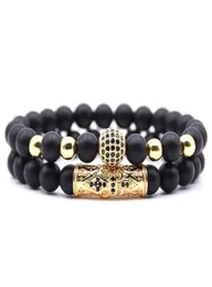 Kvalitetsmän sätter armband mode män homme smycken 8mm natursten guld svart microinlaid zircon cz boll pärlstav armband7973326