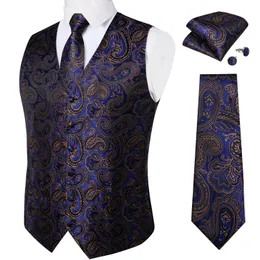 Blazer Luxury Gold Paisley Blu Abito in seta Gilet per uomo Cravatta Set Fazzoletto Gemelli Festa di nozze Uomo Gilet DiBanGu