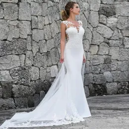 Oszałamiający Bryket 2024 Eleganckie satynowe sukienki ślubne Biała syrena dla kobiet koronkowe aplikacje seksowne boho plaż