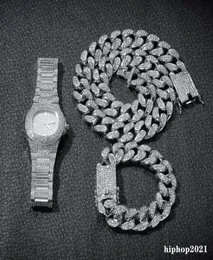3PCSSet Mens Hip Hop Iced Out Bling Chains Diamond Halsband Armband Titta på kubanska länkkedjor Fashion Hiphop smycken sets4448329