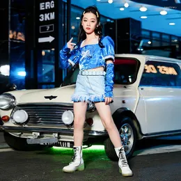 Scene Wear Girls Jazz Dance Costumes Blue Crop Tops paljett Shorts Passar Children Clothing Ballroom Hip Hop Rave Clothes DQS14784