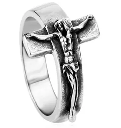 Men039039s Mode créative Vintage en acier inoxydable 316L Jésus-Christ Croix Crucifix Gothique Biker Bague Bande Argent Noir US 1088217