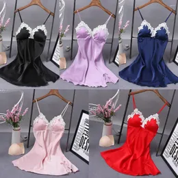 Mulheres Sleepwear Sexy Mulheres Lingerie Silk Robe Vestido Nightdress Lace Bow Straps Lady Nightgown Trajes Soft Material Sleepshirts
