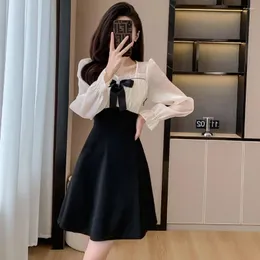 Casual Dresses Fall 2023 French Square Collar Bow Cute Youth-Looking Short Word Classic Style Dress