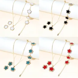 Necklace Earrings Set 3PC Double Sided Zircon Five Leaf Flower Jewelry For Women's Cute Gold Plated Accessories Party Gift Clover