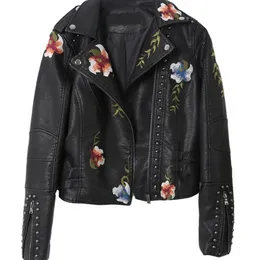 Autumn Floral Print Brodery Faux Soft Leather Jacket Women Pu Motorcykel Coat Female Punk Dragkedja Rivet Ytterkläder 231226