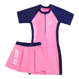 set conservatore cerniera anteriore ragazze costumi da bagno con gonna costume da bagno per bambini per ragazze teenager manica corta costume da bagno Fatos De Banho Menina