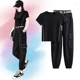 Frauen Zweiteilige Hosen Frauen 2023 Sommer Mode Zweiteilige Anzüge Weibliche Kurzärmelige Pullover Hemd Damen Hohe Taille lose Cargo-Sets R69