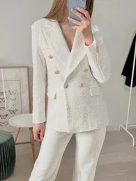 Zhishuu damska kurtka wiosenna moda moda podwójnie piersi Tweed Blazer Coat Vintage Długie rękawie żeńska odzież wierzchnia Chic Top 231225