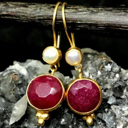 Dangle Earrings Fashion Round Distory Pearl Gold Color Metal Laidaid with Red Stone Hook Drop for Women Girls Jewelry Gifts