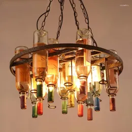 Pendant Lamps Vintage Rust Color Metal Wine Bottle Chandelier E27 LED Cafe LOFT Bar Iron Droplight Store Lighting Fixture