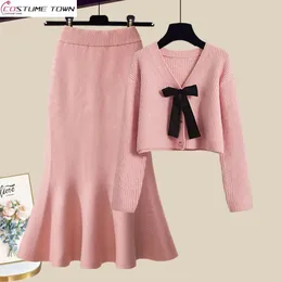 Большой женский осенне-зимний комплект в Корейском стиле, тонкий вязаный свитер, юбка с рыбьим хвостом, комплект из двух предметов 231225