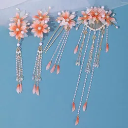 Fermagli per capelli Accessori cinesi Forcine per fiori rossi arancioni Pettini per nappe con perle Bastoncini a forma di U Gioielli di lusso per le donne