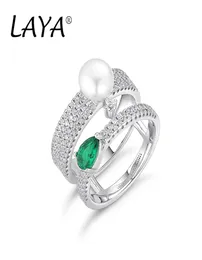 Laya 925 anel de prata esterlina para mulheres linha dupla alta qualidade zircão natural água doce pérola verde nano festa de casamento 6168620