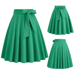 Kjolar prom a-line kjol elegant midi med bälte snäv midja mjuk ruffle detaljer för kvinnor fast färg hög sommar