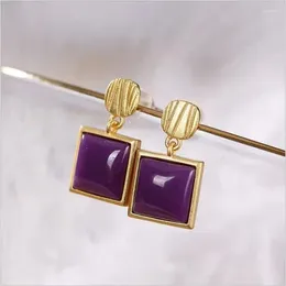 أقراط Dangle S925 Sterling Silver Purple Mica Square Squary Natural Hetian Jade Ziqi Donglai مجموعة رائعة الأحجار الكريمة