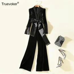 Rompers TrueVoker Designer Velorロングジャンプスーツ女性のハイエンドファッション秋のフルスリーブセクシーなVneckブラックベルベットロンパーズパーティー210