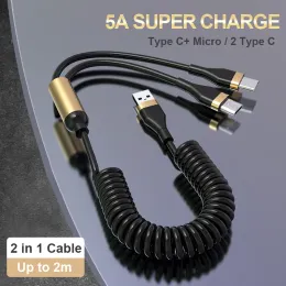 2 w 1 Wyszyte 5A Szybkie ładowanie kabla USB Typ Cor Micro USB Drut dla Xiaomi Mi 12 PoCo Huawei Super Charge Cord dla samochodu