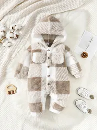 Bebê meninos e meninas xadrez macacão com capuz manga comprida macacão de pelúcia inverno quente bodysuit roupas para 3 24 meses criança menino 231226