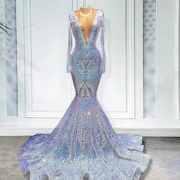 Abiti da ballo a sirena con paillettes glitterate Maniche lunghe Abito con scollo a V profondo trasparente Abito sexy per occasioni speciali per ragazze nere Abiti da sera moderni formali