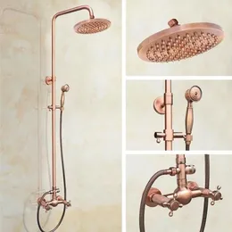 Conjuntos Antigo Vermelho Cobre Latão Dupla Cruz Alças Banheiro 8 "Round Rain Chuveiro Torneira Set Bath Mixer Torneira Montado na Parede Mrg523 X0705