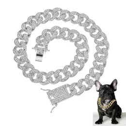 Colares de pingente CZ Rhinestone Dog Chain Collar e Trela Super Forte Metal Choke Prata Ouro Pet Lead Corda para Party Show2409992