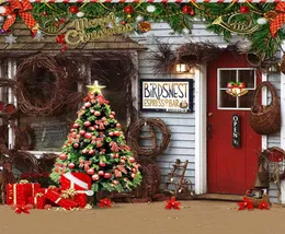 Merry Xmas Party Po Booth Backdrop Печатная гирлянда Украшенная рождественская елка Подарочные коробки Красная дверная панель Pography Background4438388