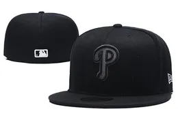 2020 Men039s Phillies in colore nero completo Taglia aderente Cappelli piatti Lettera Logo ricamato Taglia Caps Hip Hop Design Baseball completo 8131724