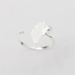 Antique Silver ginkgo leaf Plant Opening Finger ring for Women lady Elegant Wedding rings Imitation Pearl Lovely Gift264r