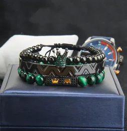 3pcsset coroa bangel pulseira para homens verde cz coroa trança pulseira moda aço inoxidável manguito jóias9053024