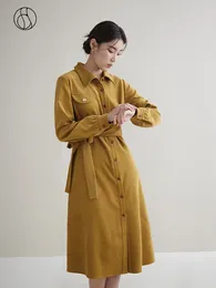 Vestidos casuais dushu cintura vestido inverno 2023 design sentido camisa colarinho comprimento médio para mulheres vermelho amarelo manga completa