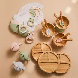 7pcs Bamboo Wooden Dinosaur Dinner Plates Children Tableware Feeding Supplies Suction Bowls A Free Infant Baby Set 231225