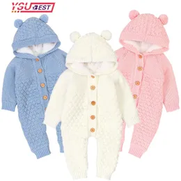 Winter Children Overalls Baby Hooded Knitted Jumpsuit Plush Thickening born Boy Girl Romper Infant Clothes 324M 231226