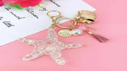 New Fantasy Cartoon Sea World Pearl Shell Starfish Keychain Pentagram Crystal Key chain Ladies Bag Car Key Alloy Pendant Jewelry Y5801736