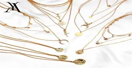 Bohemian Gold Farbe Stern Mond Layered Halskette für Frauen Rebe Geometrische Porträt Münze Anhänger Lange Halskette Choker Collares6145989