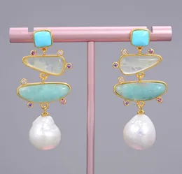 Guaiguai Jewelry Freshwater White Pearl Blue Turquoise Green Amazonite Dangle Stud Earrings Women Real Gems Stone Lady Fashion6344044