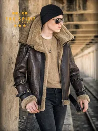 High Quality Men Genuine Leather Coat Natural Shearing Sheepskin Jacket for Male Wool Liner Double Layer Collar Motor Pilot 7XL 231225