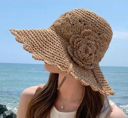 Moda Summer Women039s Kapelusze słoneczne czapkę koronkową koronkową Bowknot Flowers Ribbon Flat Top Hat Panama Soft Straw Beach Caps Wide Brim6406595