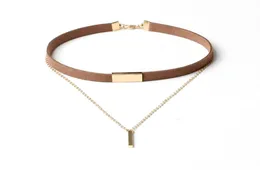 90039S Punk New Fashion Leather Leather Dlocking Necklace Gold Plated Heygetry With Metal Bar Pendant Collar Necklace F6718614