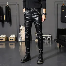 Winter Spring Mens Skinny Riker Bantains Pants Fask Faux Potorcycle Breaters for Blouser Stage Club Wear 231225