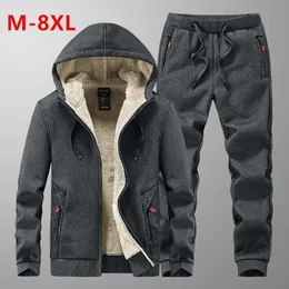 Jacket + Pant Warm Fur Winter Sweatshirt Cashmere Tracksuit Men's Sets Fleece Thick Hooded Brand Casual Track Suits