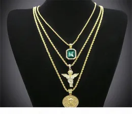 Hip Hop vergoldete Halskette Iced Out Strass Kristall Schmuck Halskette Set mit Engel Jesus Anhänger Halskette Kette 1550470