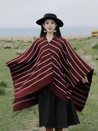 Lenços Poncho Mulher Listra Minimalista 2023 À Prova de Vento Padrão Geométrico Capa Outono Inverno Split Shawl Pashimina Lenço Dupla Face