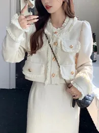 Printemps décontracté remorquage pièce ensembles femmes blanc court Tweed veste mode coréenne jupe longue femme élégant Chic mince doux costume 231225